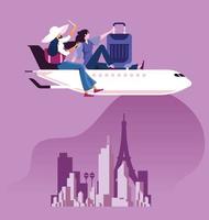 affärskvinna med resväska sitter ovanpå flygplanet för att resa vektor
