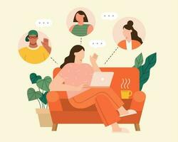 platt illustration av en kvinna Sammanträde på soffa på Hem video chattar med vänner. människor chattar uppkopplad tillsammans. vektor
