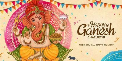 glücklich Ganesh Chaturthi Feier Banner Design mit Party Flaggen vektor