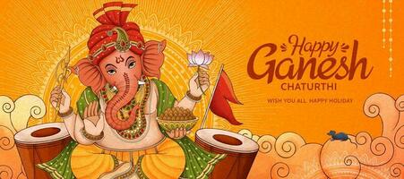 Lycklig ganesh chaturthi baner design med ganesha och trummor vektor