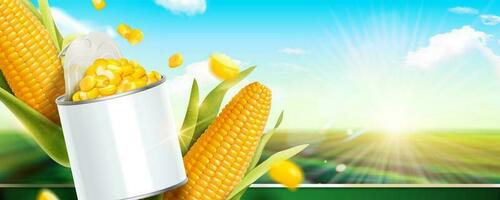 Kernel Mais können Banner Anzeigen im 3d Illustration auf Bokeh Grün Feld Hintergrund vektor