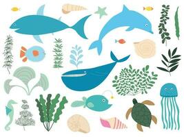 Vektor Meer Tiere und Pflanzen Satz. Hai, Delfin, Wal, Kugelfisch, Angler Fisch, Qualle und Schildkröte einstellen