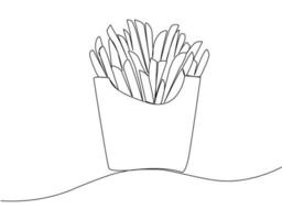 Französisch Fritten im kontinuierlich Linie Kunst. gebraten Kartoffel Stöcke im modern Single Linie Zeichnung Stil. Vektor Illustration.