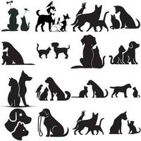 ein groß Gruppe von Katzen und Hunde, Silhouette Illustration vektor