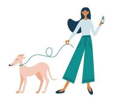 ung glad flicka på en promenad med sin hund. gå med ditt älskade husdjur. vektor