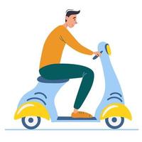 tecknad tonåring kör scooter. sidovy av ung man med motorcykel. vektor