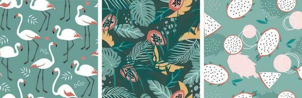 uppsättning av samtida naturlig sömlös mönster med flamingo fågel, tropisk löv och frukter. vektor grafik.
