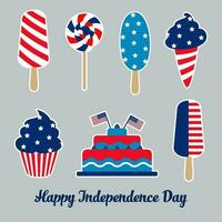 ljuv cupcakes, kaka, is grädde för 4:e av juli USA Lycklig oberoende dag. glasyr kaka med röd och blå stjärnor, flagga och klubba. platt design tecknad serie Semester efterrätt vektor ClipArt