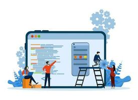 ui ux design begrepp, med utvecklare team skapa beställnings- design för mobil app, lämplig för landning sida, ui, webb, app intro kort, redaktionell, flygblad och baner platt vektor illustration.