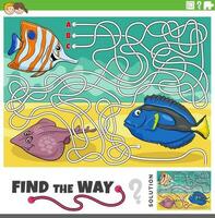 finden das Weg Matze Spiel mit Karikatur Fisch Marine Tiere vektor