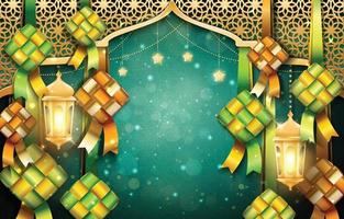 Eid Mubarak Hintergrund mit Ketupats und Laternen vektor