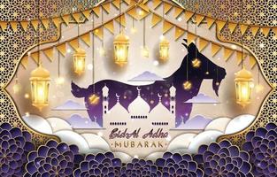 eid al adha mubarak mit Ziegen- und Moscheekonzept vektor
