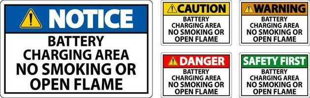 Achtung Zeichen Batterie Laden Bereich, Nein Rauchen oder öffnen Flamme vektor