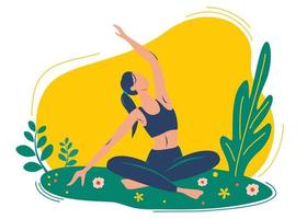 kvinnan gör yogaövning, yogaställning. begreppet utomhusyoga. yogakurser i naturen. vektor