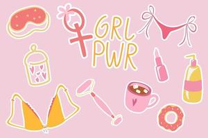 Pop-Art-Mode Mädchen Party Patches, Farbaufkleber. Mädchen Sachen wie Make-up, Lippenstift, Schlafmaske, Kaffeetasse, Unterwäsche, Donut, Girls Power. vektor