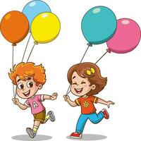 söt pojke och flicka löpning med ballonger. vektor tecknad serie illustration.
