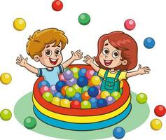illustration av barn spelar med färgrik bollar på en vit bakgrund vektor