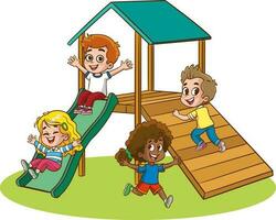 barn spelar på lekplats. vektor illustration av en grupp av barn spelar på lekplats.