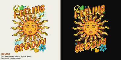 Etikette mit Sonne mit Gesicht, Perlen, Herz, Kamille, Text, editierbar Schriftart Wirkung. Konzept von Harmonie und Gleichgewicht. zum Kleidung, Kleidung, T-Shirts, Oberfläche Dekoration. groovig, Hippie Stil vektor