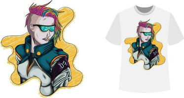 Vektor Illustration von ein futuristisch Mädchen mit Punk Stil Haar, drucken auf T-Shirt