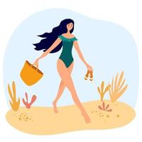 süßes Mädchen in einem Badeanzug geht am Strand mit einer Tasche und Flip Flops. Frauen, die sich im Sommerresort entspannen. vektor