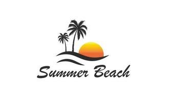 sommarsemester på tropisk strand solnedgång etikett, med palmer, vektorillustration vektor