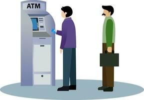 man kund stående nära Bankomat maskin vektor illustration, linje kö på de bankomat, överföra pengar med Bankomat maskin, människor stående i kö linje till Bankomat terminal för pengar