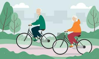 Senior Mann und Frau Reiten Fahrräder im das Stadt Park. alt Mann und Frau auf Fahrräder. Vektor Illustration