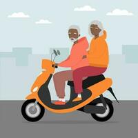 Senior Mann und Frau Reisen auf modern Motor- Roller. alt Mann und Frau Reiten elektrisch Roller im das Stadt vektor