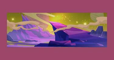 Außerirdischer Planet Oberfläche, futuristisch Landschaft Hintergrund mit glühend Mond oder Satellit über Felsen Cliff im dunkel sternenklar Himmel. Fantasie Berge, Buch oder Computer Spiel Szene, Karikatur Vektor Illustration