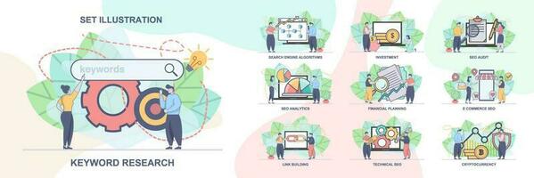 uppsättning av webb sida design mallar för seo företag, seo analyser. teknisk seo, seo granska webb sida sammansättning med människor tecken. modern vektor illustration begrepp