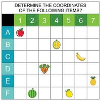 pedagogisk spel för ungar. räkna på vilket sätt många frukt och grönsaker. ett introduktion till de begrepp av de samordna systemet kalkylblad använder sig av en spel involverar frukt. roligt kalkylblad vektor