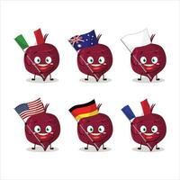 Rote Beete Karikatur Charakter bringen das Flaggen von verschiedene Länder vektor