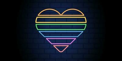 Neon- Herz im Stolz Regenbogen Farben auf dunkel Backstein Wand, lgbtq Symbol im Vektor abstrakt Grafik