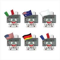 Drucker Karikatur Charakter bringen das Flaggen von verschiedene Länder vektor