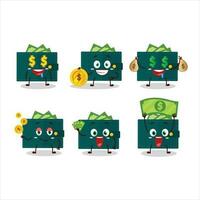 Grün Brieftasche Karikatur Charakter mit süß Emoticon bringen Geld vektor