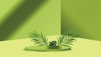tömma podium med tropisk växter till visa din produkt sommar scen med solljus 3d piedestal för din företag attrapp försäljning baner vektor illustration