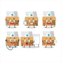 Arzt Beruf Emoticon mit Büro Kisten mit Papier Karikatur Charakter vektor