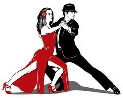 Argentinien Tango. Tanzen Paar. Frau im rot Kleid, Mann im schwarz Anzug. Vektor Clip Art.