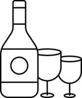 schwarz linear Stil Wein Flasche mit zwei Glas Symbol. vektor
