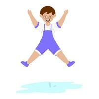 glad pojke Hoppar på vatten mot vit bakgrund. vektor