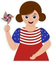 amerikan flagga Färg klänning bär Lycklig liten flicka innehav lyckohjul klistermärke vektor. vektor