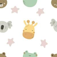 nahtlos Muster mit Karikatur Koala, Frosch, Giraffe, Dekor Elemente . bunt Vektor zum Kinder, eben Stil. Baby Design zum Stoff, Textil, drucken, Verpackung.