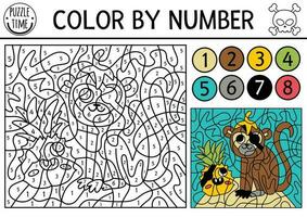 Vektor Pirat Farbe durch Nummer Aktivität mit Affe und kawaii Ananas. Schatz Insel Szene. schwarz und Weiß Zählen Spiel mit süß Tier. Meer Abenteuer Färbung Seite zum Kinder