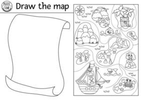 zeichnen das Pirat Karte. kostenlos kreativ Zeichnung Aufgabe zum Kinder. Komplett das Bild. Vektor Pirat Zeichnung trainieren Arbeitsblatt. druckbar schwarz und Weiß Aktivität zum Kinder. Schatz Insel Färbung Seite