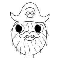 Vektor schwarz und Weiß komisch kawaii Kokosnuss Linie Symbol oder Färbung Buchseite. Pirat Obst Illustration. Comic Pflanze mit Augen, Pirat Hut und Mund isoliert auf Weiß Hintergrund