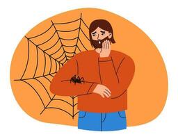 araknofobi, fobi psykologi begrepp. man rädd av spindlar. rädd person i panik med arachnid insekt. platt vektor illustration.