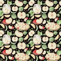 hand dragen vattenfärg äpple frukter, mogen, full och skivor röd och grön med löv. sömlös mönster. isolerat objekt på Färg bakgrund. design för vägg konst, bröllop, skriva ut, tyg, omslag, kort. vektor