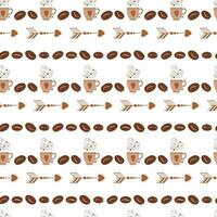 Hintergrund mit Tasse und Kaffee Bohnen. dekorativ abstrakt nahtlos Muster im retro Stil mit Kaffee Bohne, Tasse, Becher, Pfeil gemacht auf braun Farben. Hintergrund oder Paket Design. vektor