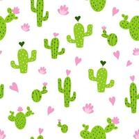 süß Kaktus nahtlos Muster mit Herzen im Grün, Rosa und Weiß Farben. Vektor komisch Natur Hintergrund. Mexikaner Design